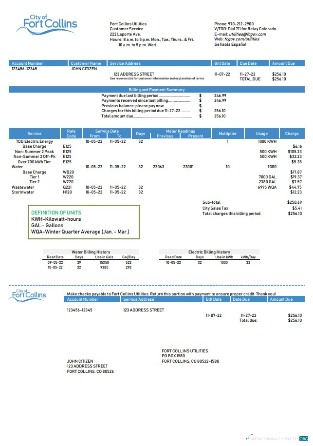 download USA Colorado Fort Collins Utilities utility bill template in Word and PDF format PDF template